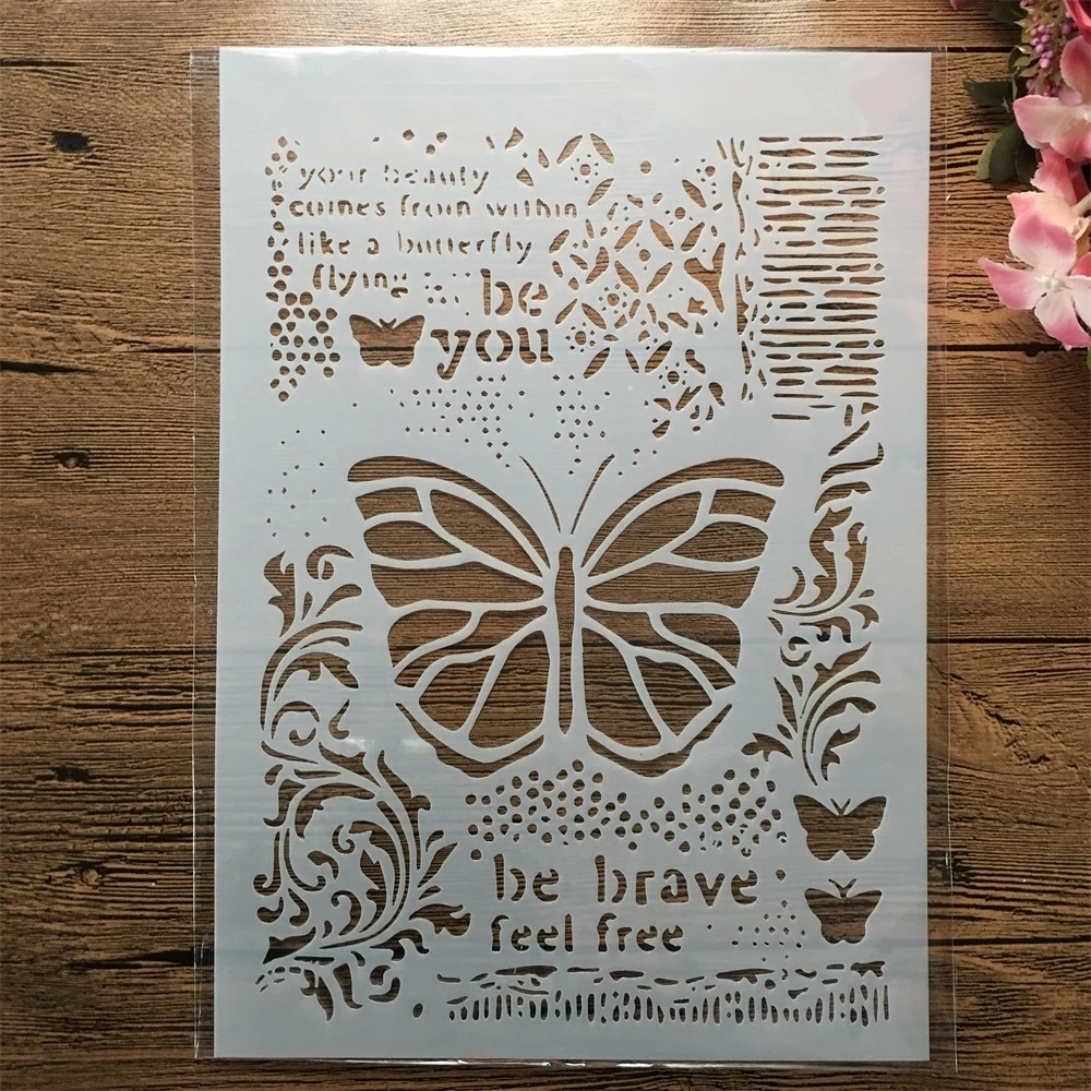 

A4 29cm Brave Butterfly Words DIY Layering Stencils Wall Painting Scrapbook Coloring Embossing Album Decorative Template