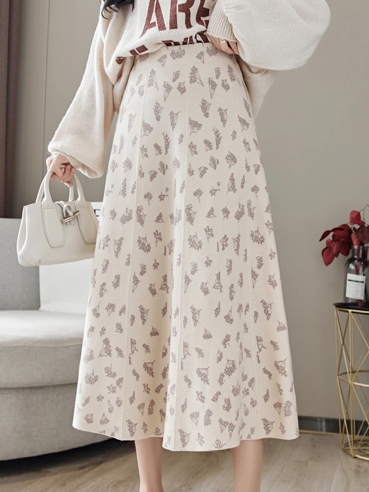 

Женская трикотажная юбка с цветочным принтом TIGENA, элегантная трапециевидная юбка с высокой талией в Корейском стиле, Осень-зима 2021
