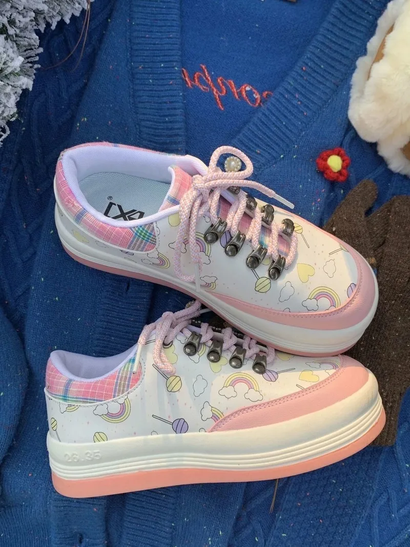 

HOUZHOU Lolita Shoes Women's Sneakers Platform Kawaii Tennis Girly Cute Sports Round Head Casual Pink Sweet