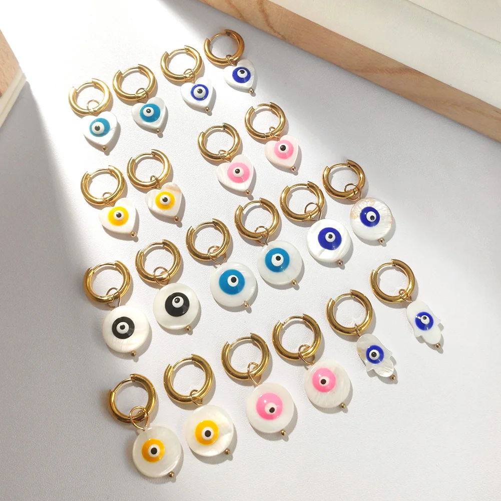 

JUST FEEL Fashion Evil Eye Natural Shell Earrings For Women Gold Color Stainless Steel Round Heart Eye Earrings Lucky Jewelry