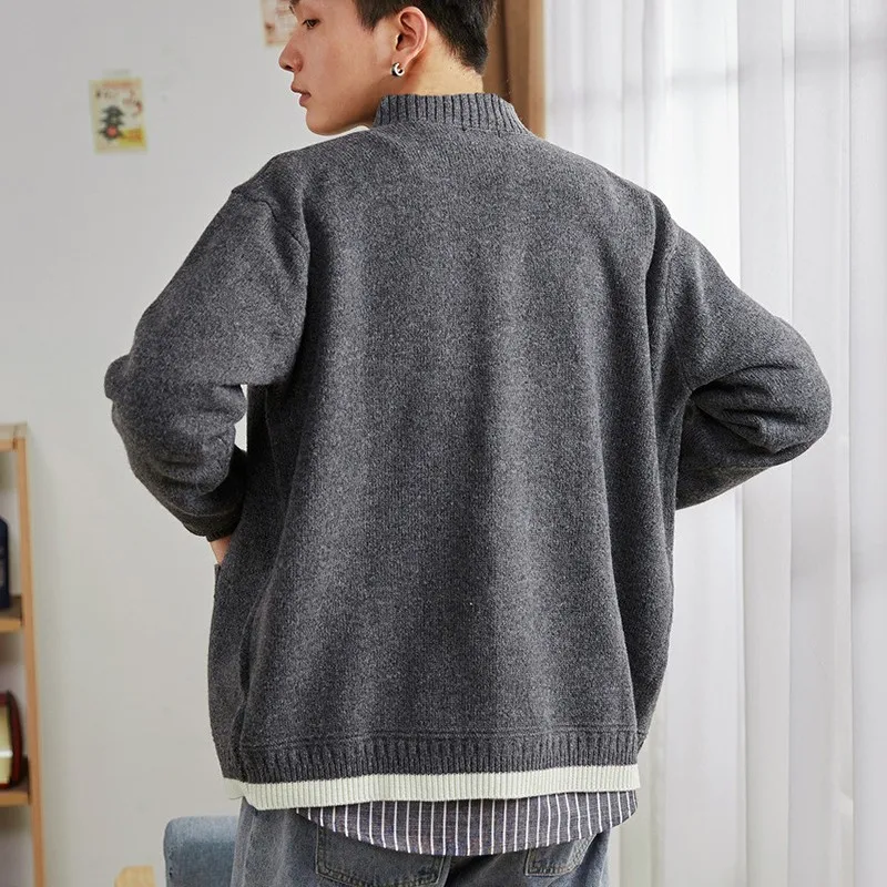 

Harajuku Mens Knitted Sweater Cardigan Striped Size Single Breasted Stand Collar Knitwear Coat Autumn New Man Sweaters Jacket