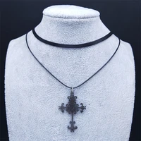 2022 gothic flower cross stainless steel necklace chain women black color layer necklaces jewelry collier gothique n7039s03