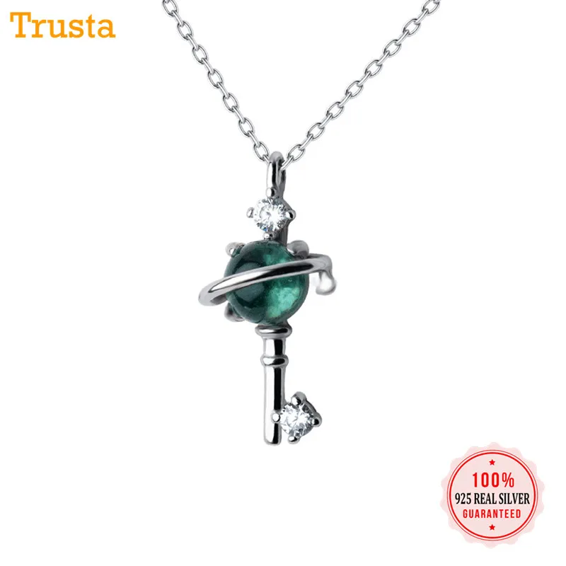 Trusta 100% 925 цельное Настоящее серебро ключ Вселенная CZ синий кристалл кулон 40 см ожерелье ключицы серебряное