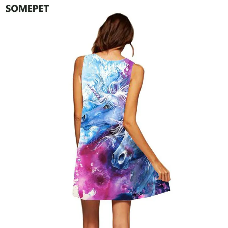 

3D Unicorn Dress Sleeveless A Line Summer Boho Beach Party Dress Women Sexy Mini Short Loose Chiffon Dress Sundress