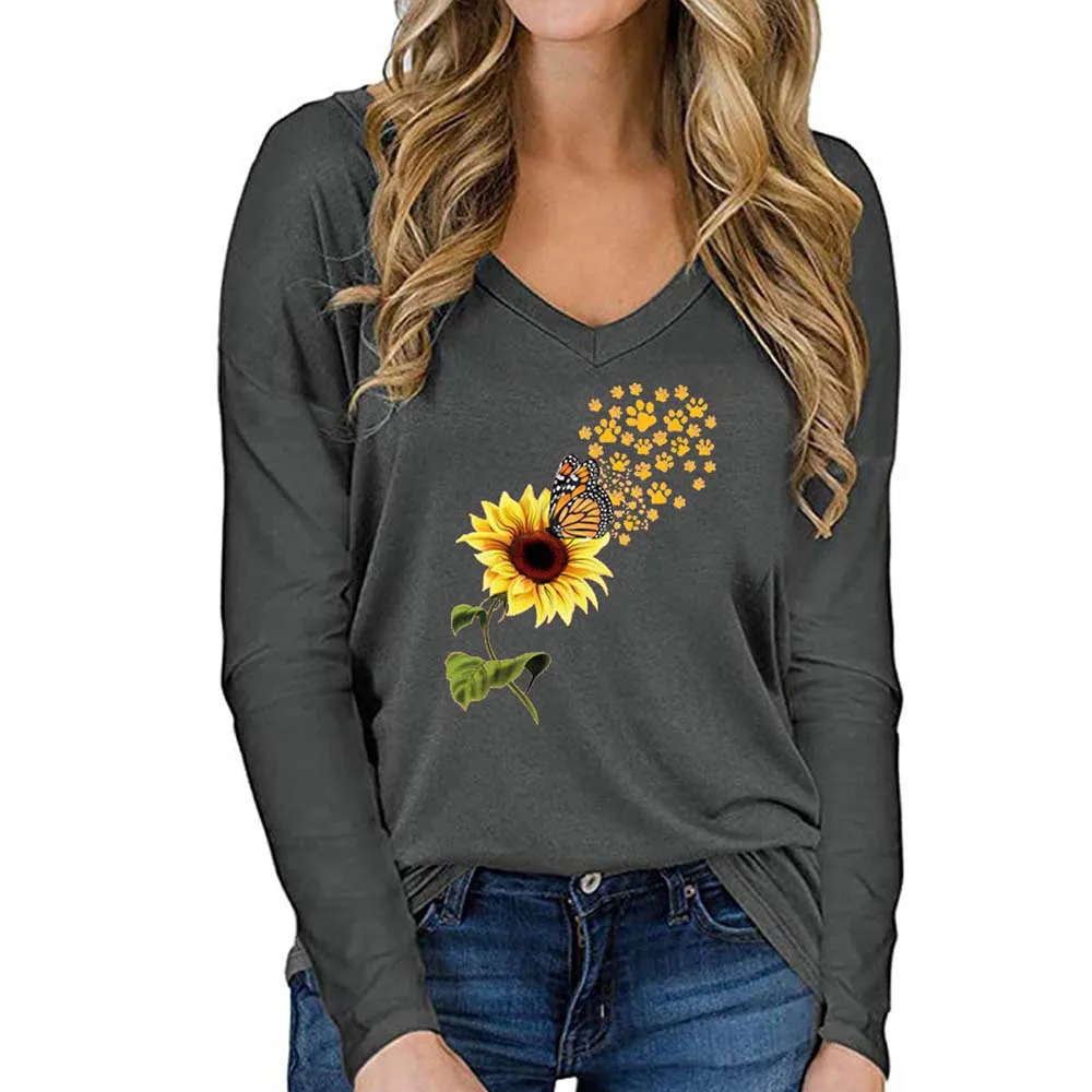 

Plus Size Tshirt Women Autumn V-neck Long Sleeve Top Tees Floral Print Oversized T Shirt Women Clothing 2020 t Shirts for Women