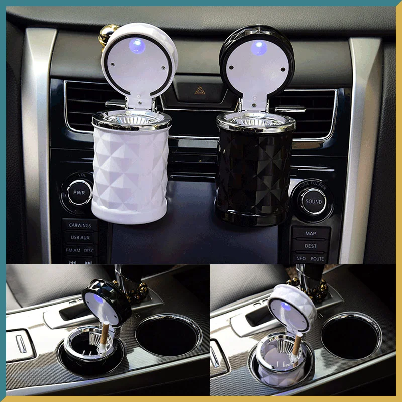

Creative Diamond Cut Surface Car Mobile Ashtray Led Lamp Clamshell Type Car Can Hang Air Outlet with Bracket Ashtray Glass