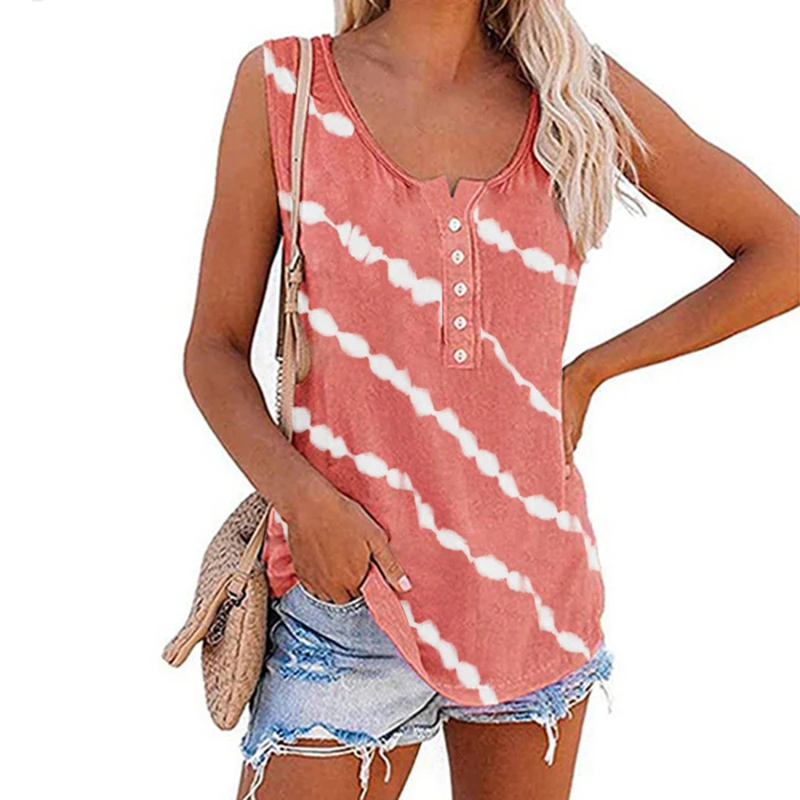 

T-Shirt Women New 2021 Summer Comfortable Leisure Inclined Stripe T-Shirt Sleeveless Collar Buttons Stripe T Shirt