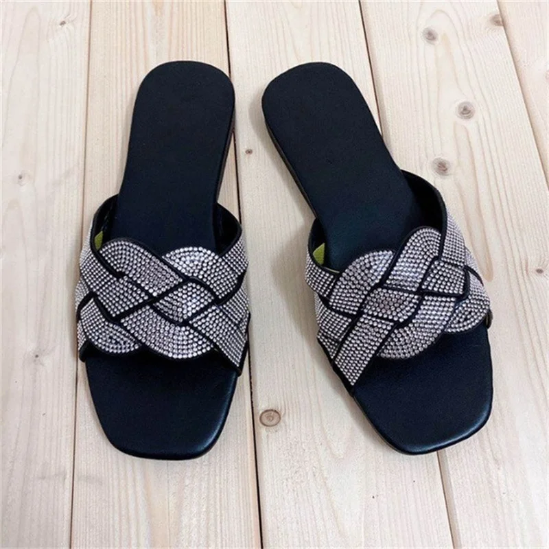 

LEMAI Fashionable Diamond-studded Fashion Twisted Flower Woven Comfortable Outer Slippers Beach Holiday Elegant Women Shoes