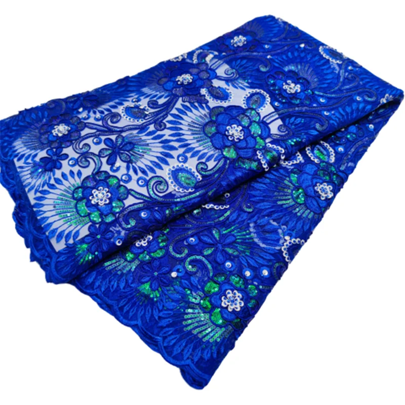 

royal blue 5Yards African Lace Fabric With Sequins French Tulle Lace Fabric High Quality Soft Milk Silk For Wedding Dress Sew