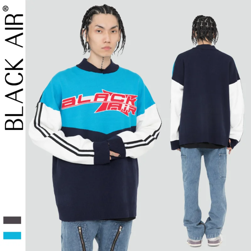 

BLACKAIR Color block stitching college style men sweaters hip hop skateboard loose sweater Korean fashion casual pullover GM44
