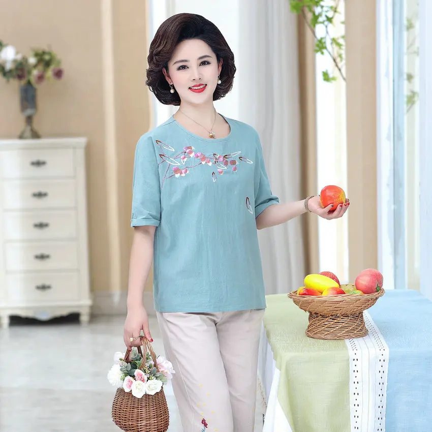 

Purple Blue Embroidery Design Short Sleeve Top And Cropped Pant Two Pieces Suit Set Women Ethnic Cotton Linen Twinset Clothes