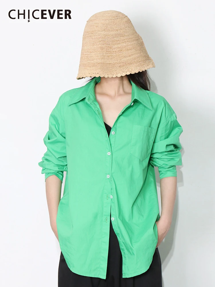 

CHICEVER Minimalist Plain Casual Shirt For Women Lapel Long Sleeve Green Joker Loose Shirts Female Fashion New Clothing Autumn