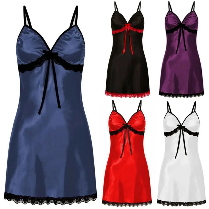 Women  Sleepwear Lace Silk Satin Night Dress Sleeveless Nighties V-neck Nightgown Plus Size Nightwear