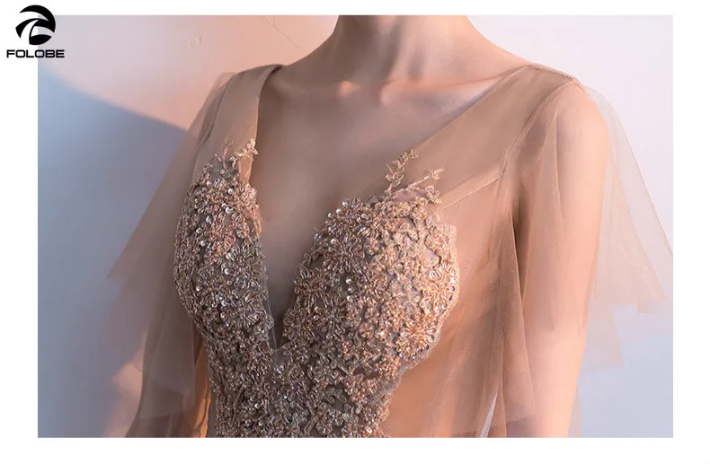 

FOLOBE 2020 Elegant Deep V neck Lace Appliques Beads Short Sleeve Mesh Banquet Dress Knee Length Women Formal Patry Dresses