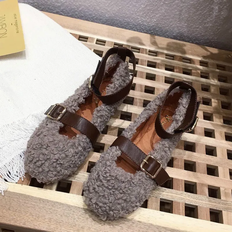 

Fur Shoes Women Slippers Bow Buckled Lamb Hair Ballet Shoes Woman Casual Flats 2019 Fall Winter Women Warm Leather Loafers R3-79