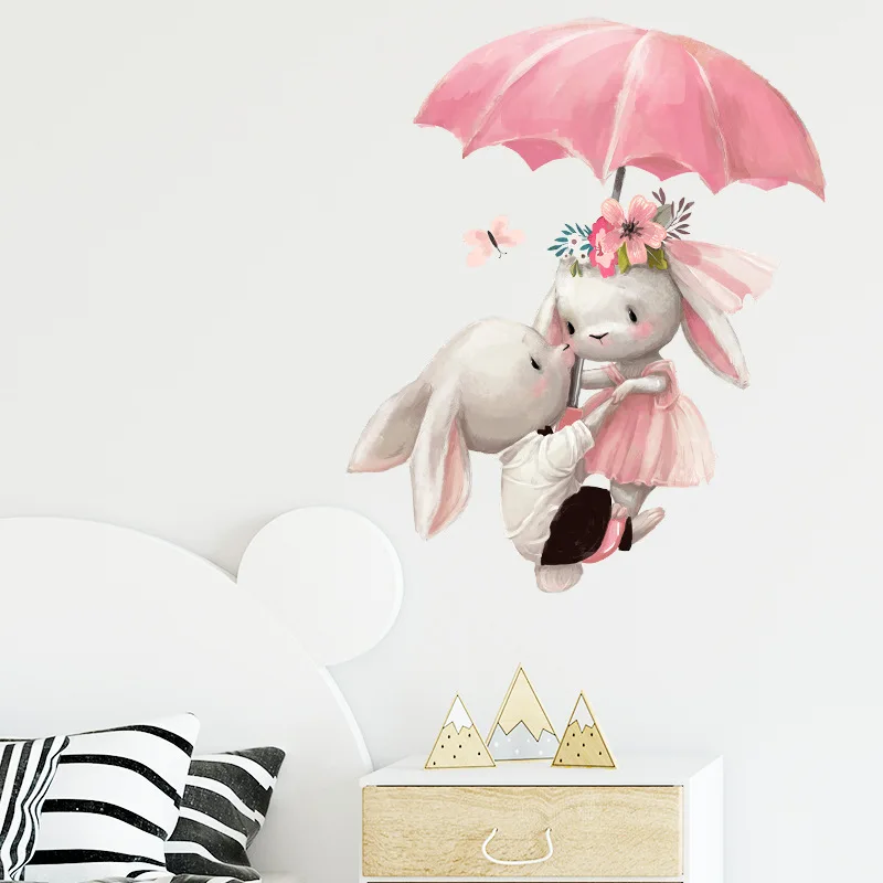 aliexpress.com - Couple Rabbit Under Umbrella Wall Sticker For Kids Room Baby Bedroom Living Room House Decoration Removable Mural Bunny Stickers