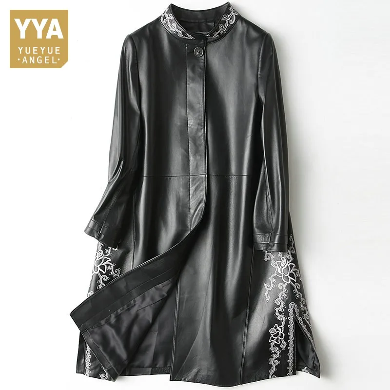 Женское длинное пальто из натуральной овечьей кожи с вышивкой|Кожаные куртки| |