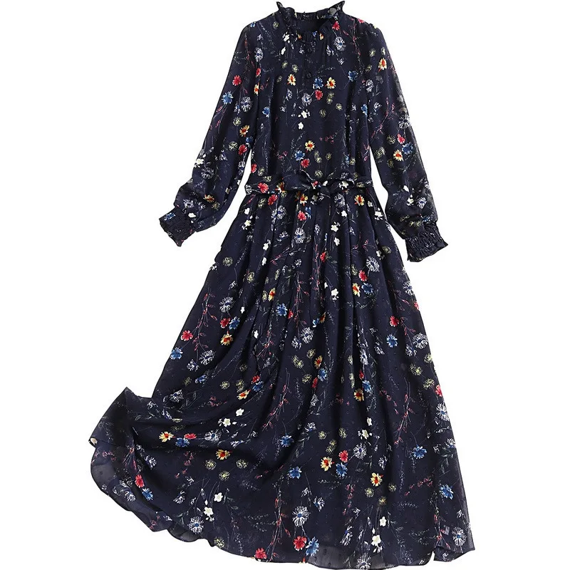 

2020 Spring Fashion Runway Long Sleeve Dress Women's Ruffles Bohemain Floral Print Party Casual Chiffon Long Dress