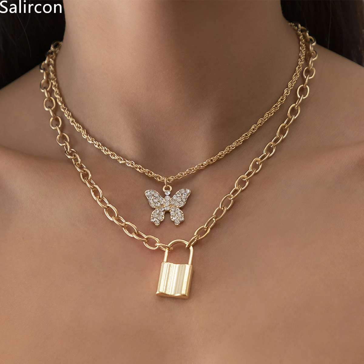 

Punk Twisted Chain Choker Necklace For Women Fashion Geometric Lock Rhinestone Butterfly Pendant Necklace Engagement Jewelry New
