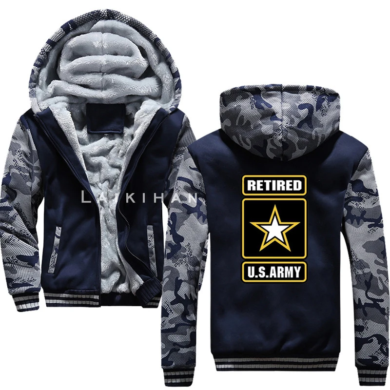 

U.S. Army Retired Logo Military Soldier Winter Hoodies Sweatshirt Men Thick Warm Hoodie Casual Coats Hooded Thick Warm Male Coat