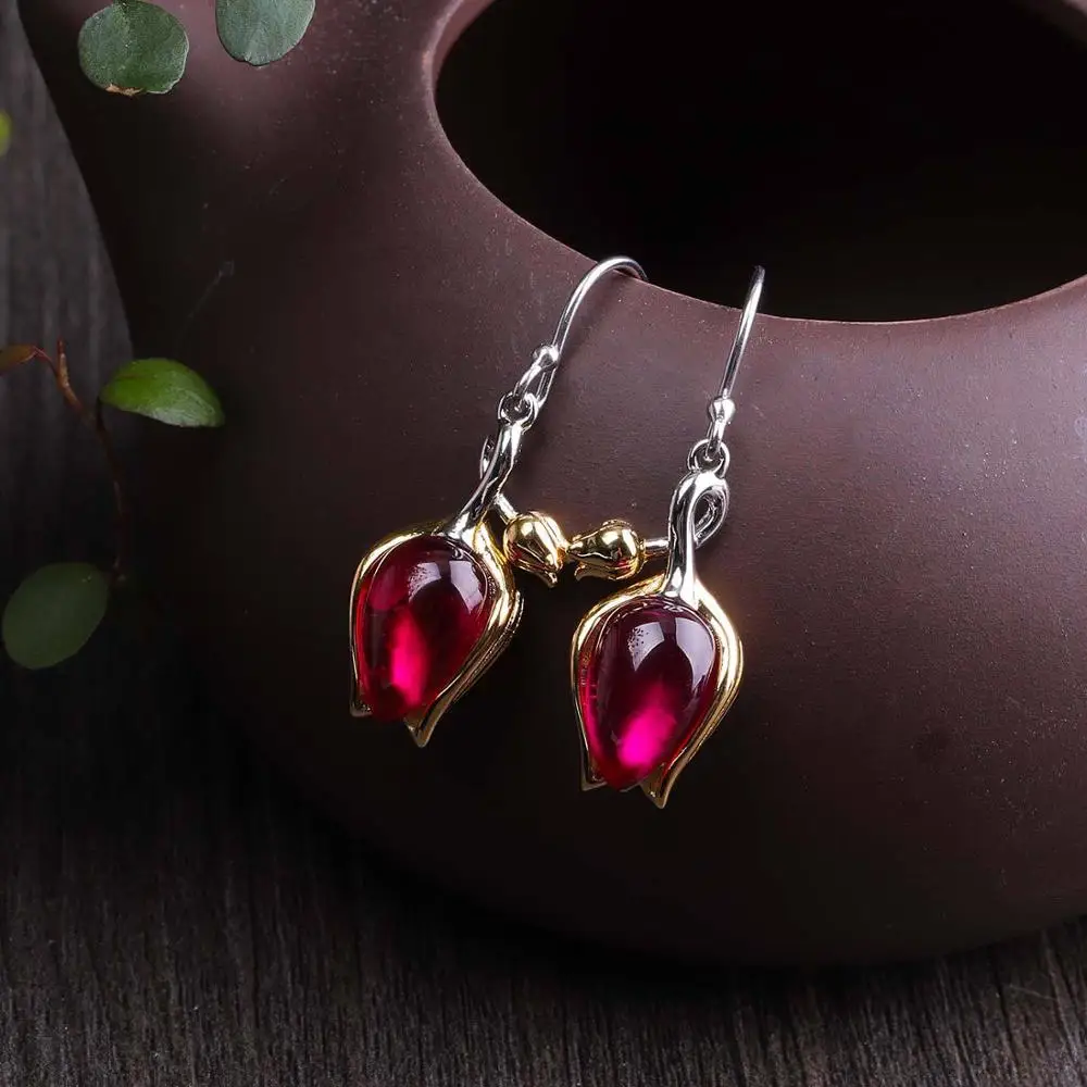 HOT Pink Earrings Безглицый ручной работы тюльпан набор украшений для женщин натуральные драгоценные камни нефрит серьги кольца набор кулонов 925 серебро цветочные ювелирные изделия S02 - Цвет камня: HOT Pink Earrings