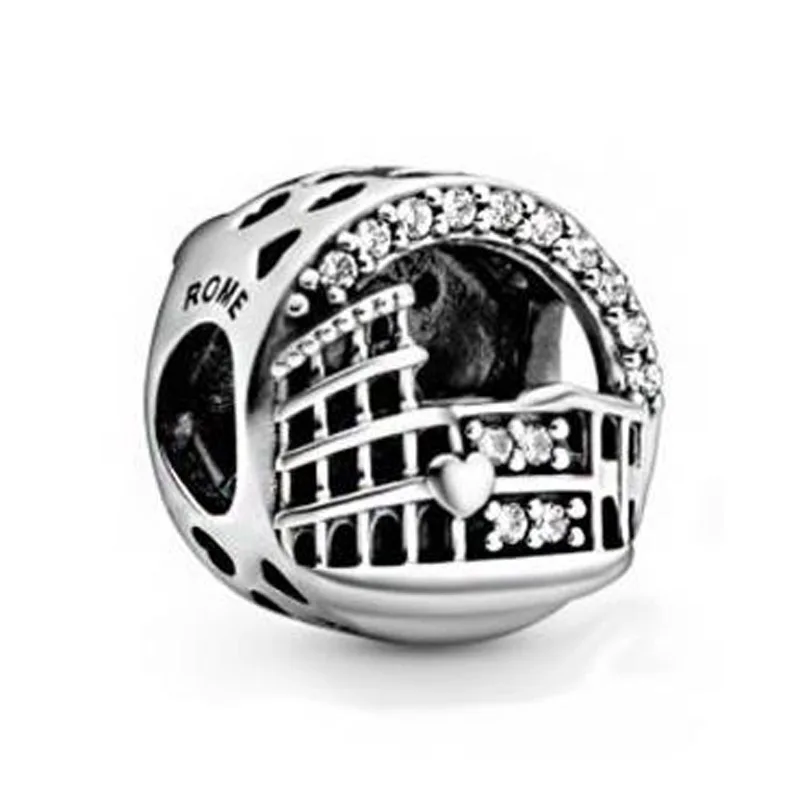 

Original 925 Sterling Silver Charm Vintage Openwork Rome Colosseum Bead With Crystal Fit Pandora Bracelet DIY Jewelry