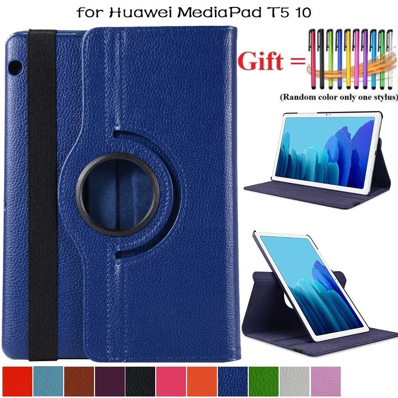

Rotating Stand PU Leather Case Cover for Huawei MediaPad T5 10 AGS2-W09/L09/L03/W19 10.1 Inch Tablet Protective Funda + Stylus