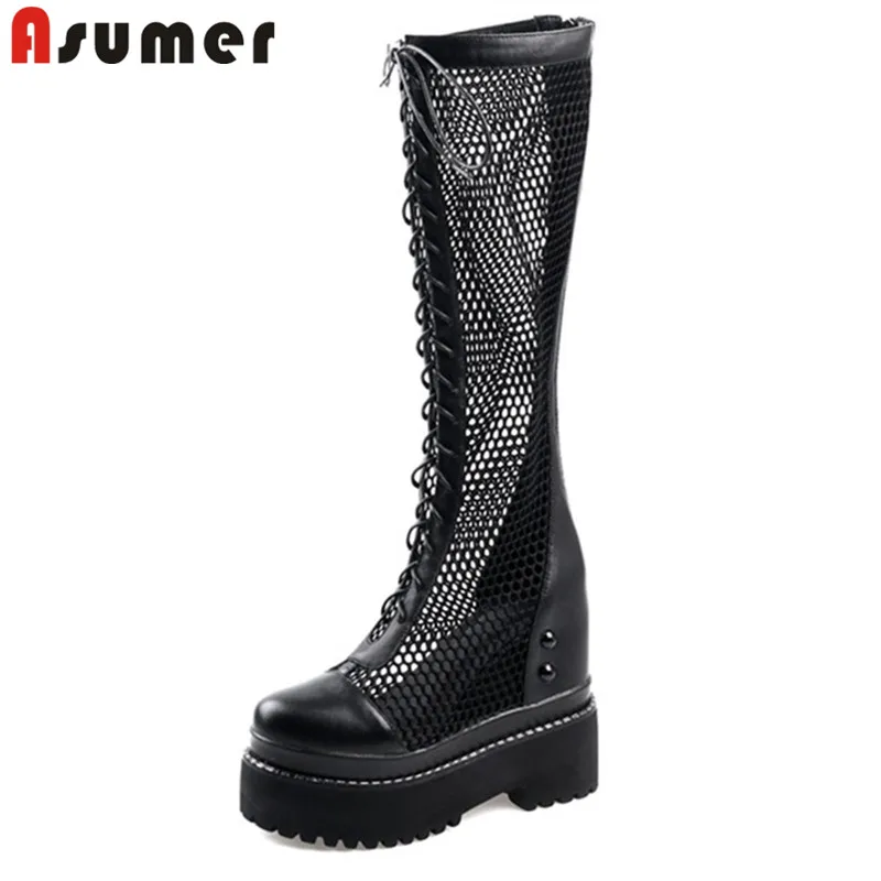 Женские сапоги до колена ASUMER из натуральной кожи с перфорацией на платформе в