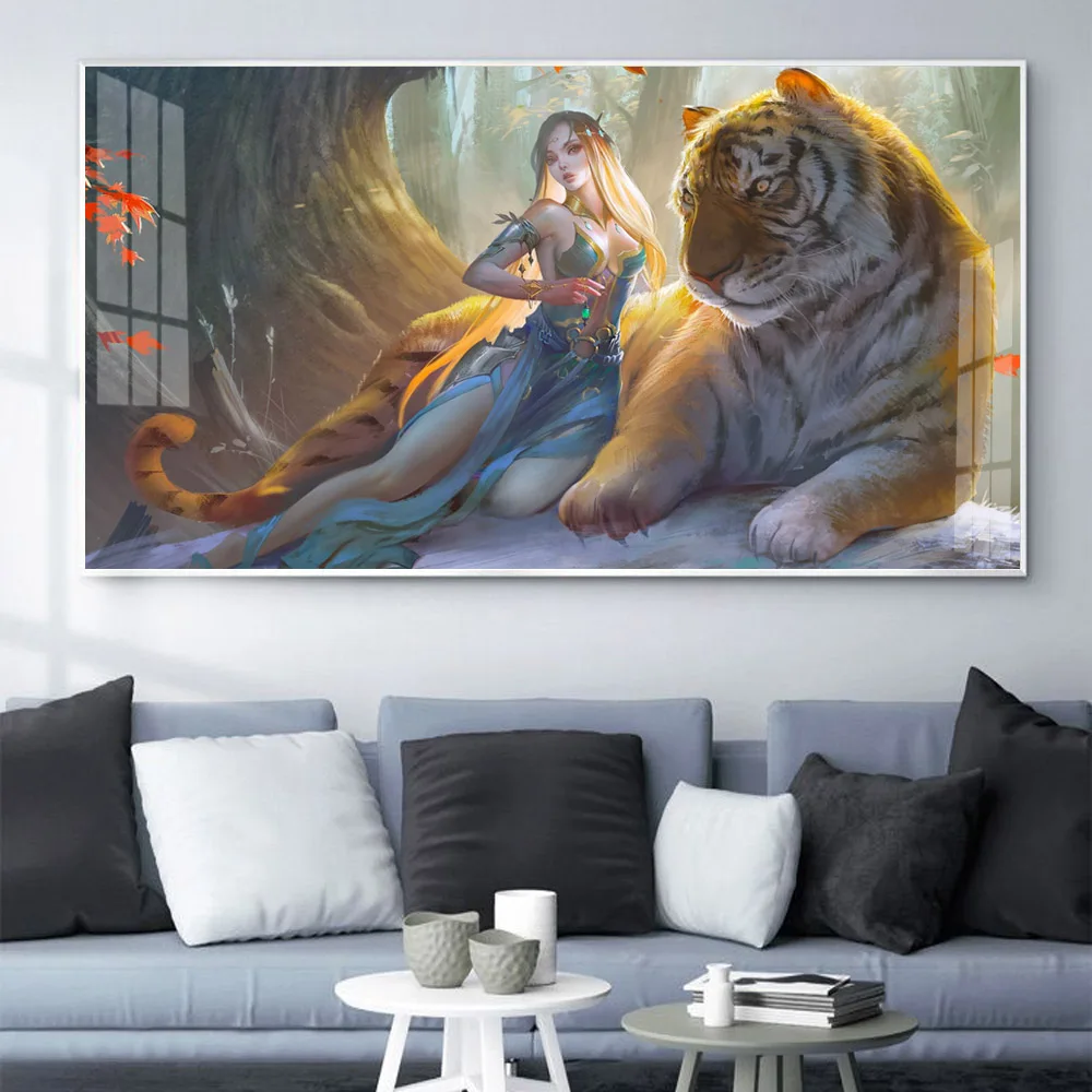 

Animal oil painting beauty and tiger watercolor art canvas painting living room corridor office home decoration mural