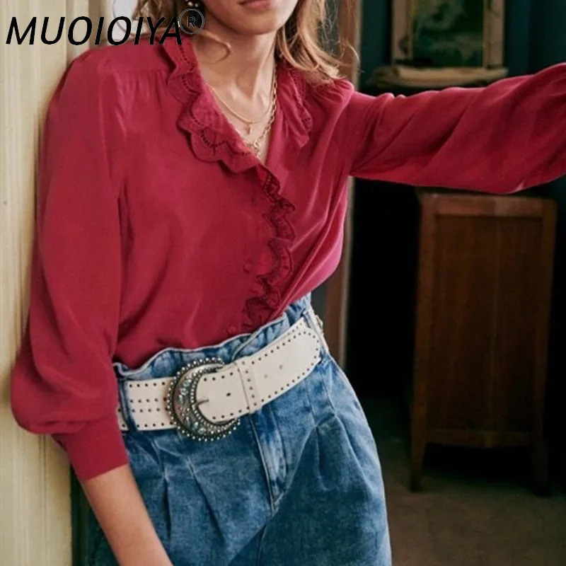 

Женская шелковая блузка с оборками, романтичная мягкая однобортная рубашка с длинным рукавом и французской вышивкой, 2021
