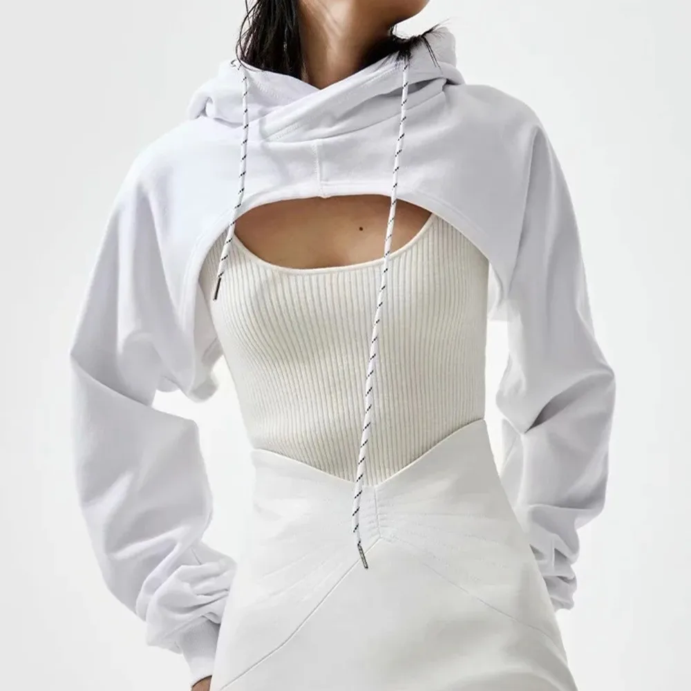 

Women Sexy Fashion Super Short Hoodie Hip Hop Drawstring Long Sleeves Open Chest Easy Cool Girl Pullovers Tops