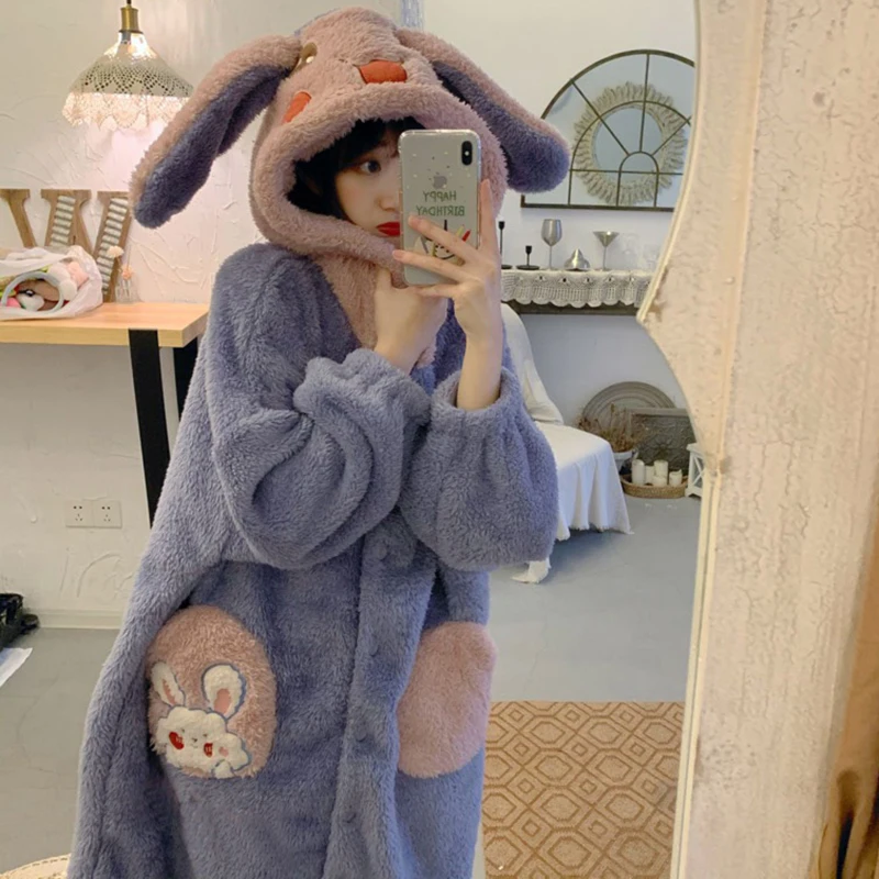 

Pajama Woman Winter2020 Cute Age Reduction Cartoon Embroidered Rabbit Ears Hooded Warm Pajamas Coral Velvet Home Wear Nightdress