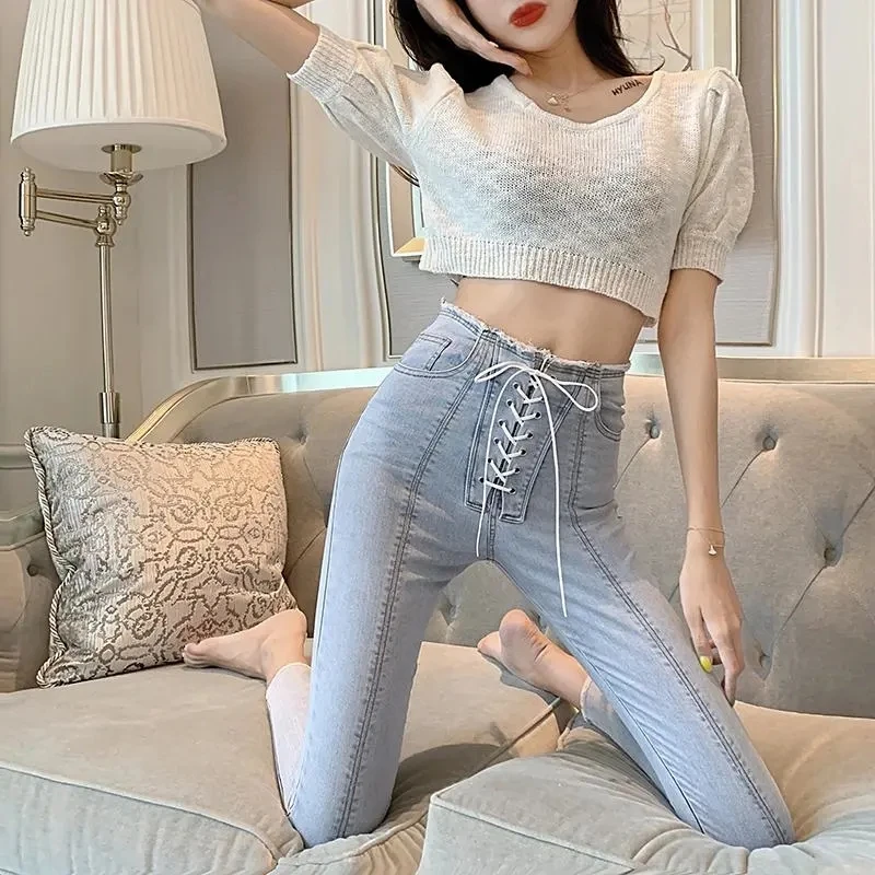 

Sexy Bandage Women's Jeans High Waist Skinny Denim Trousers y2k Streetwear Korean Fashion Tight Trousers Oversize Pants Female