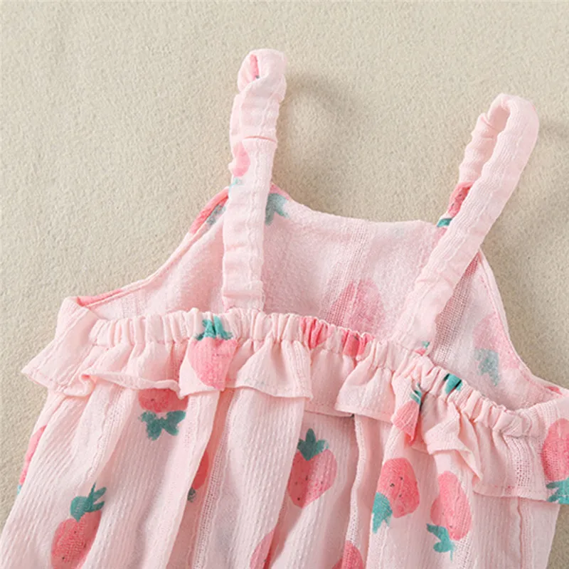 

Newborn Baby Gilrs Romper Summer Straps Strawberry Print Infant Rompers + Sunsuit Hat Baby Girls Jumpsuit Baby Clothes Outfits