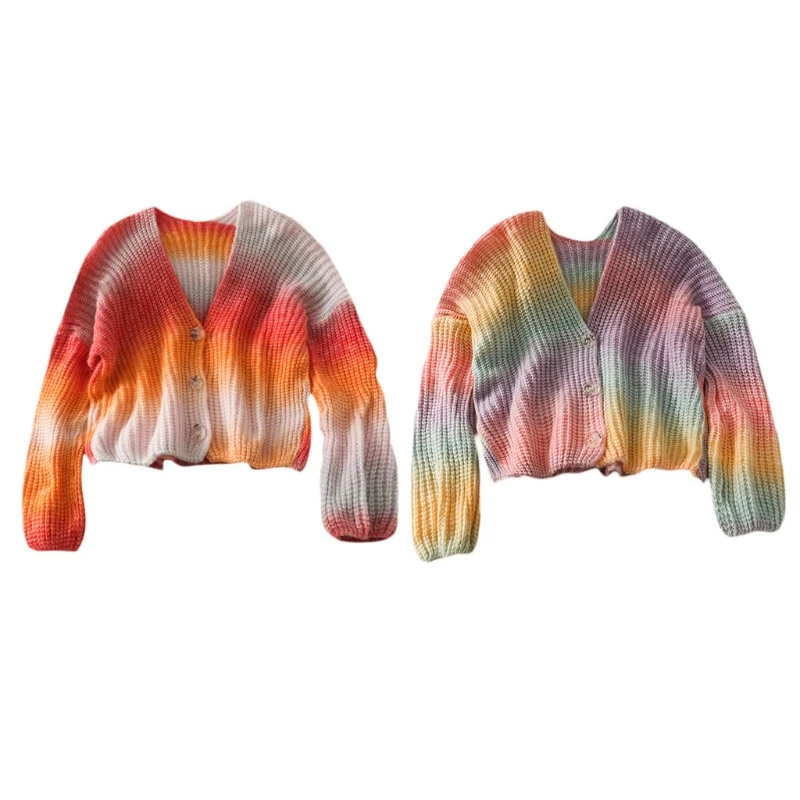 

Женский вязаный кардиган на пуговицах, Свободный кардиган с радужным градиентом и V-образным вырезом, вязаное пальто большого размера, нови...