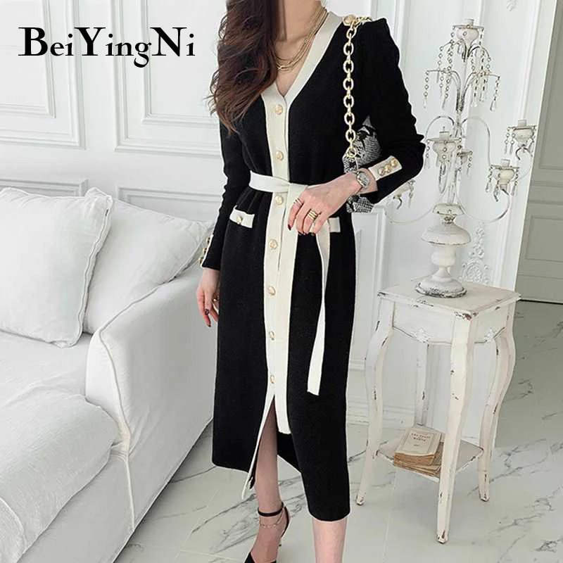 

Beiyingni Women Thick Elegant Midi Knit Dress Vintage Buttons Slim Sashes Retro Sweaters Dresses Chic Street Robe Winter Clothes