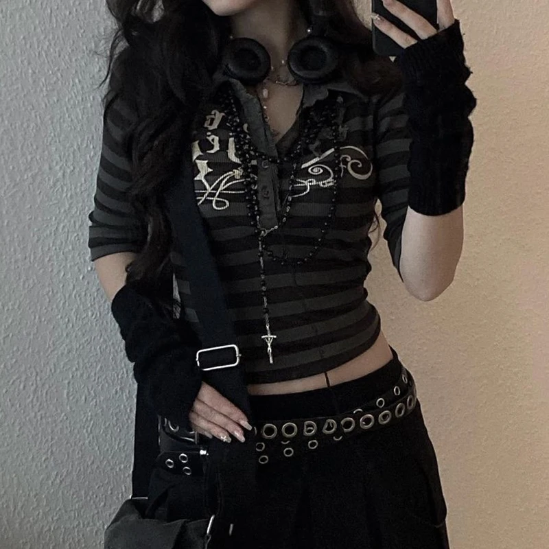 

WeiYao Goth Print Tops Stripe Cute Y2K T-Shirts Dark Academia Techwear Button Up V Neck Half Sleeve Sweat Shirts Grunge Tees