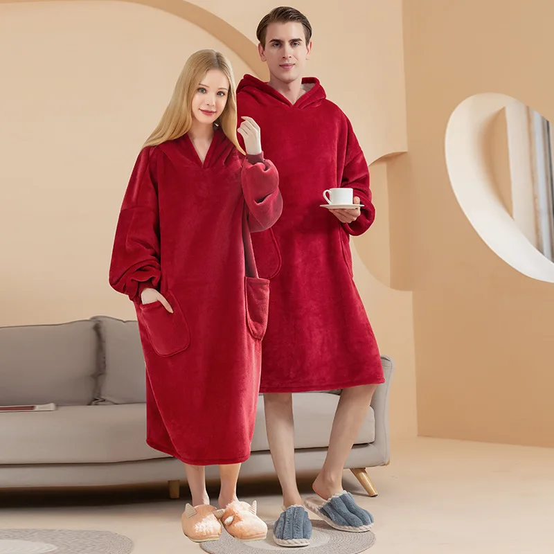 

Men's and Women's Home Service Bathrobes Winter 2021 New Flannel Hooded Nightgown Plus Fat Plus Size Nightgown Lazy Blanket