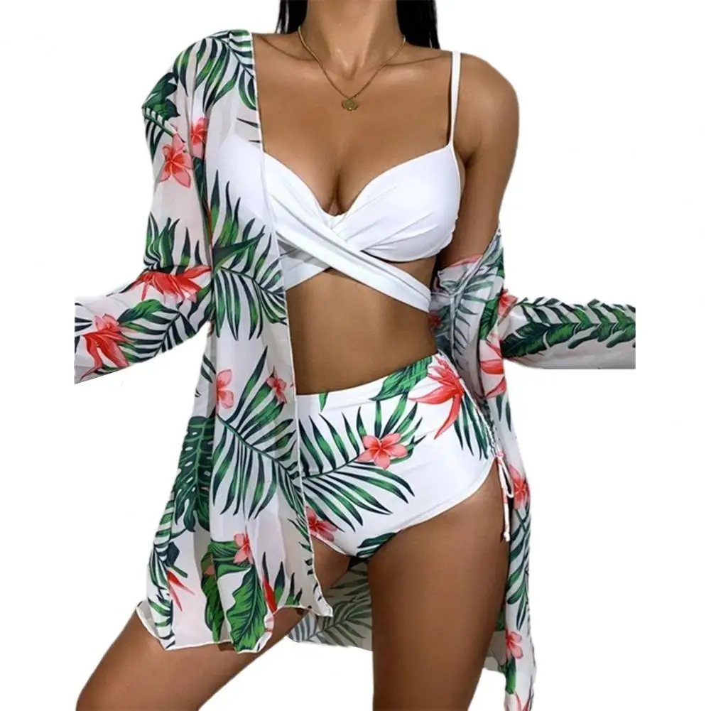 

Women Summer Swimsuit 3 Pieces Set Floral Leaf Print Padded Bandage Bra High Waist Briefs Cargidan Swimwear Bikini Set