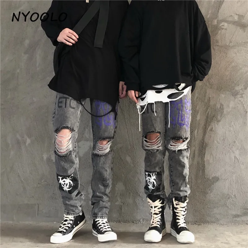 NYOOLO High Street винтажные джинсы с принтом граффити и потертыми дырками осенние тонкие длинные джинсовые мотоциклетные брюки в стиле хип-хоп для женщин и мужчин