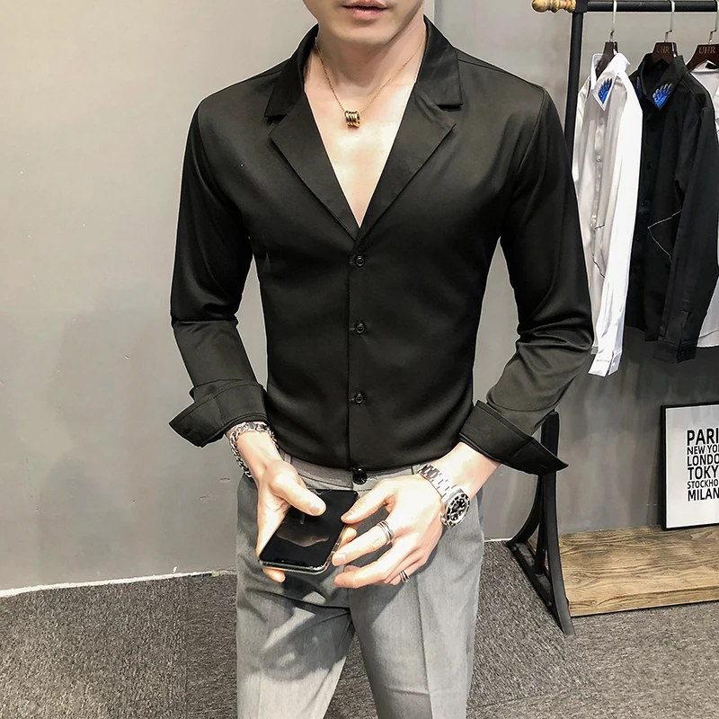 

Loldeal Men Shirt Long Sleeve British Style Slim Solid Color Business Casual