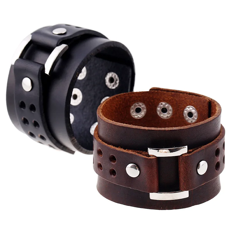 Jessingshow Wide Cuff Genuine Leather Bracelets Punk Gothic Rock Unisex Bangles Bracelet Wristband for Women Men's Jewelry