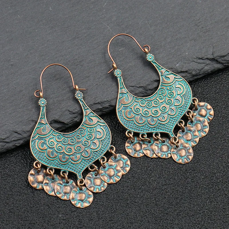 

Vintage Bronze Round Sheet Tassel Dangle Earrings For Women Afghan Ethnic Geometric Alloy Indian Jhumka Earrings Gypsy Jewelry