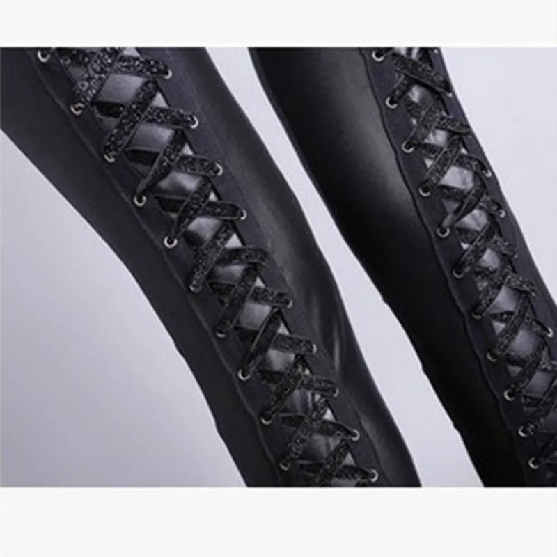 

Fashion Back Lace-Up Women High Waist Faux Leather Pencil Leggings Stretchy Bandage Hollowed Out Pants