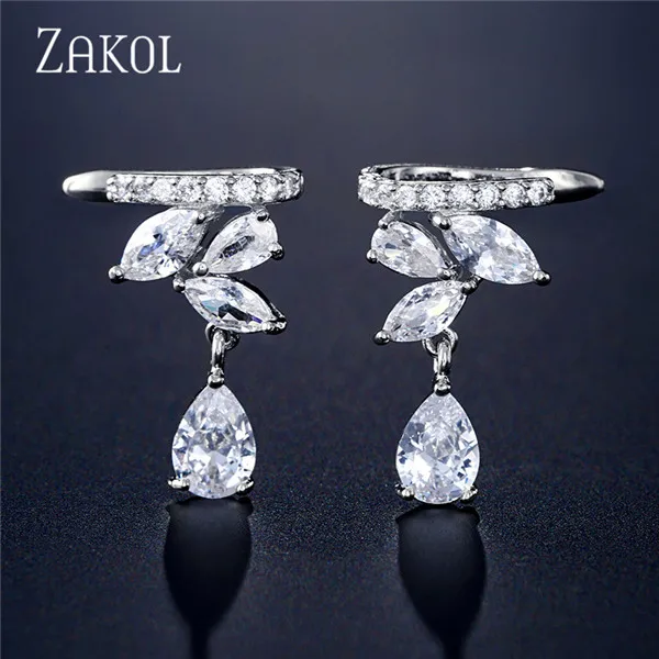 White Color Красивые серьги-Клипсы из кубического циркония AAA ZAKOL, хрящи, модные серьги-манжеты в виде листьев, Женские Ювелирные аксессуары FSSP3017 - Окраска металла: White Color