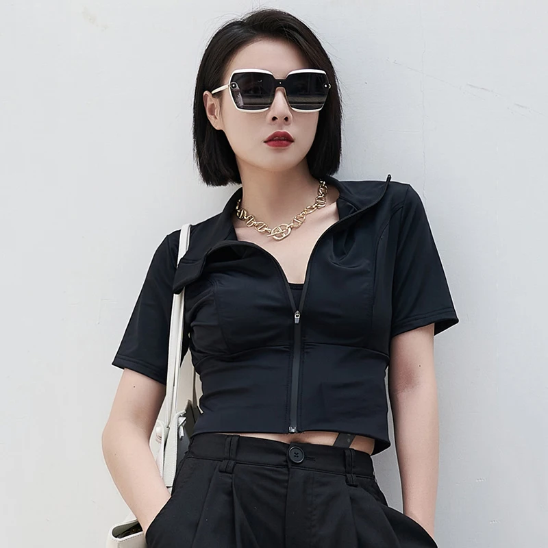 

[EAM] Loose Fit Black Thin Short Jacket New Stand Collar Short Sleeve Women Coat Fashion Tide Spring Summer 2021 1DD9982