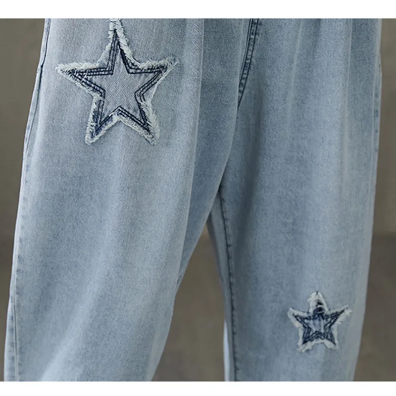 

Johnature Casual Embroidery Loose Denim Pants 2021 Summer New Elastic Waist Pockets Ankle-length Harem Women Jeans Pants