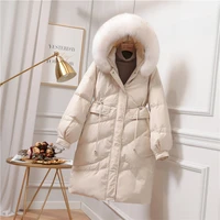 middle long style korean version fashionable waistband fox real fur collar white duck down young women coat warm thick pink coat