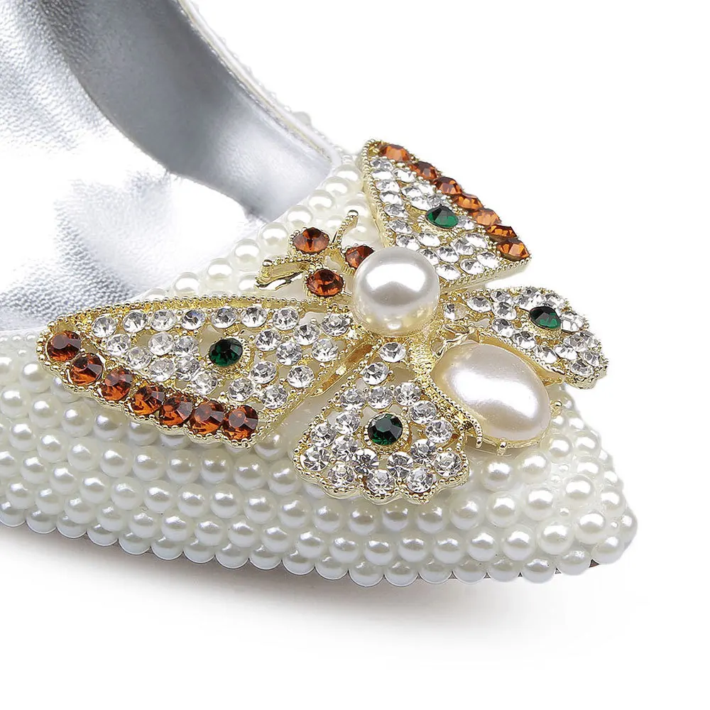 

Women Pumps New Style White Pearl Butterfly Tip High Heels Thin Heeled Custom Banquet Bridal Shoes