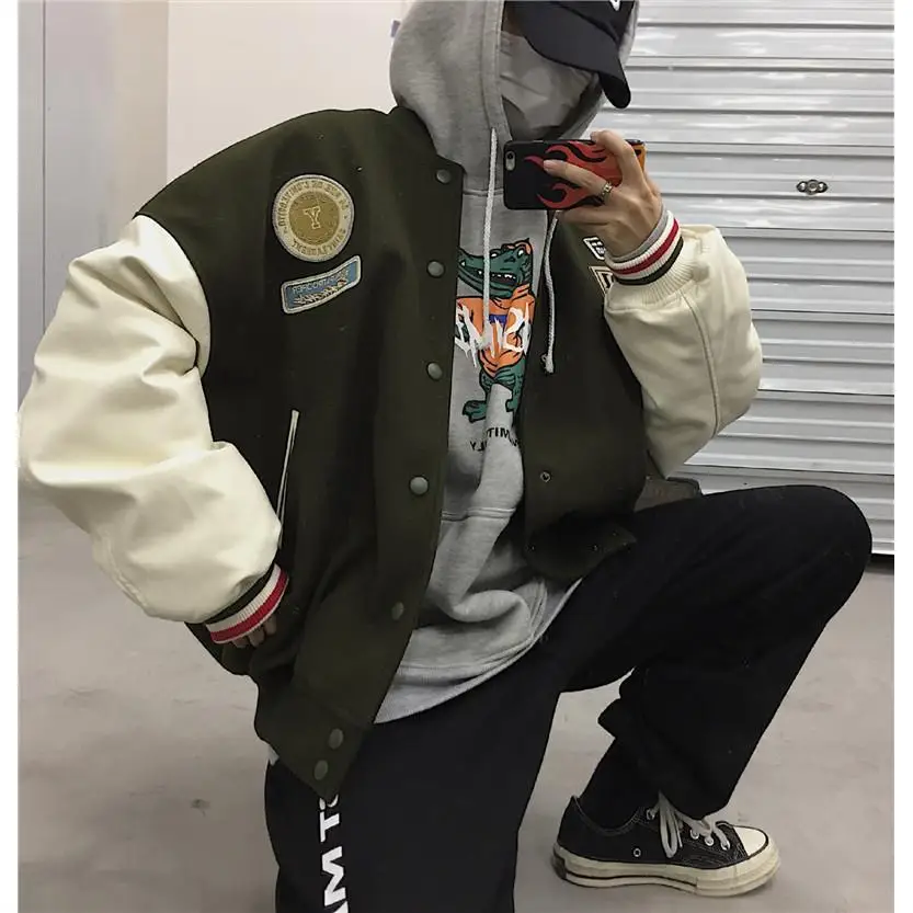 

Coat women Baseball uniform tide spring and autumn students Korean style loose casual jacket women's retro clothes O-Neck green